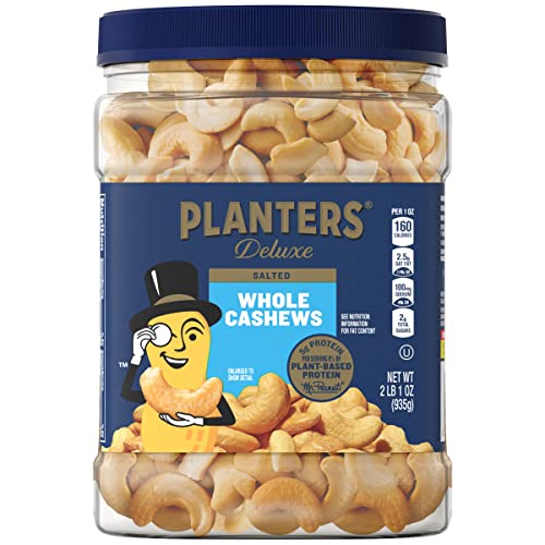 PLANTERS Deluxe Salted Whole Cashews, Party Snacks, Plant-Based Protein, Quick Snack for Adults, After School Snack, Roasted Cashew Flavored with Sea Salt, Kosher, 33oz Container