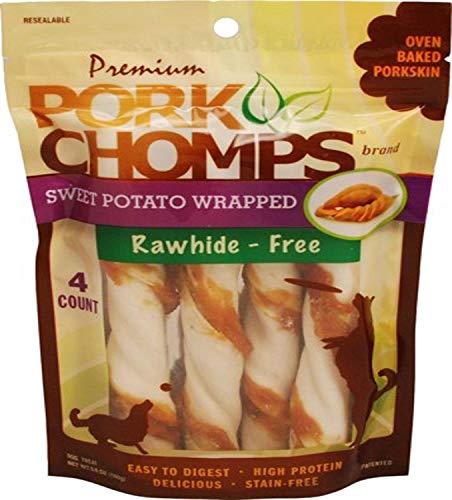 Pork Chomps Baked Pork Skin Dog Chews, 6-inch Twists, Real Sweet Potato Wrap, 4 Count