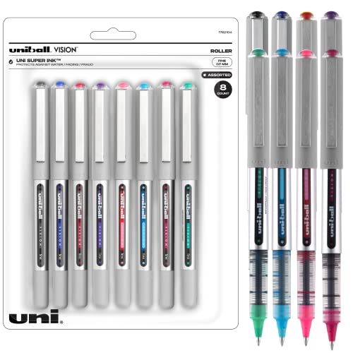 Uniball Vision Rollerball Pens, Assorted Pens Pack of 8, Fine Point Pens with 0.7mm Medium Ink, Ink Black Pen, Pens Fine Point Smooth Writing Pens, Bulk Pens, and Office Supplies