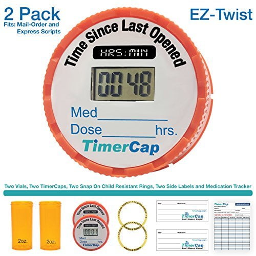 TimerCap Pill Organizer | Built-in Stopwatch Cap & Medicine Pill Boxes | Easy to Use Pill Cases Organizers (2, Standard)