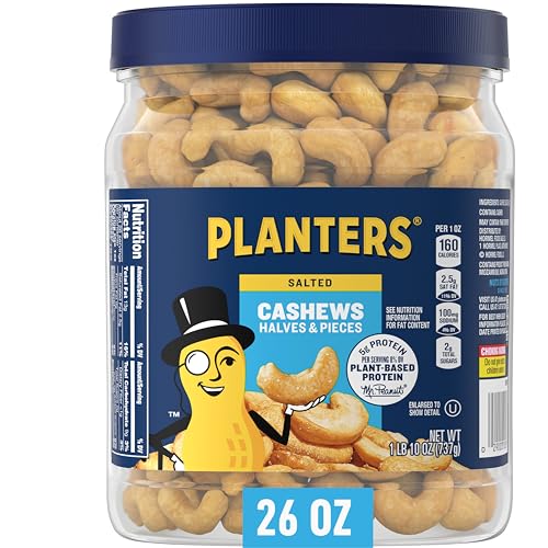 PLANTERS Salted Cashew Halves & Pieces, Party Snacks, Plant-Based Protein, Quick Snack for Adults, After School Snack, Roasted Cashews, Flavored with Sea Salt, Bulk Nuts, Kosher, 1lb 10oz Canister