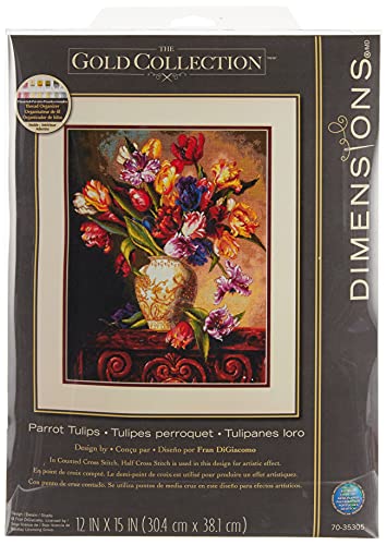 Dimensions Gold Collection Counted Cross Stitch Kit, Parrot Tulips, 14 Count Black Aida, 12