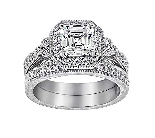Amazon Essentials Platinum-Plated Sterling Silver Antique Ring set with Asscher-Cut Infinite Elements Cubic Zirconia, Size 8 (previously Amazon Collection)