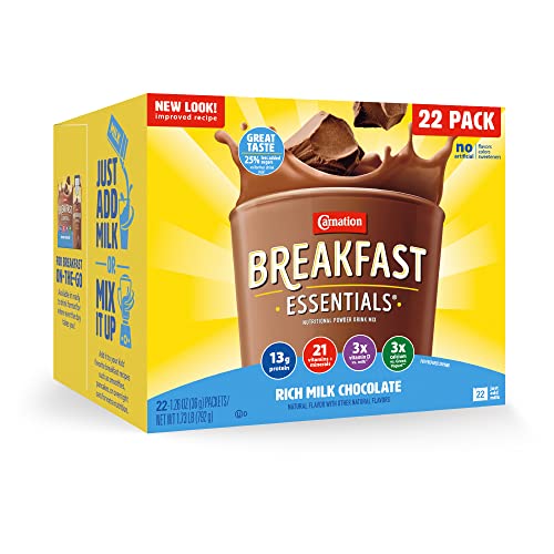 Carnation Breakfast Essentials Powder Drink Mix, Rich Milk Chocolate,1.26 Ounce (Pack of 22), (Packaging May Vary)