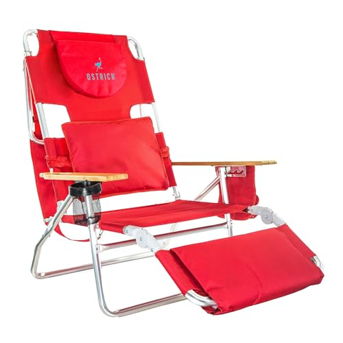 Ostrich Deluxe 3N1 Lightweight Lawn Beach Reclining Lounge Chair with Footrest, Outdoor Furniture for Patio, Balcony, Backyard, or Porch, Red