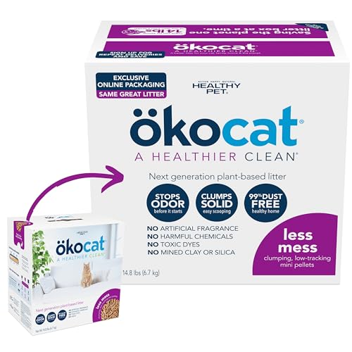 ökocat Less Mess Natural Wood Clumping Cat Litter Mini-Pellets, Great for Long-Hair Breeds, Medium, 14.8 lbs. (Packaging may vary)