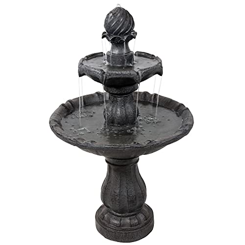 Sunnydaze 35-Inch 2-Tier Solar Water Fountain with Battery Backup - Submersible Pump - Resin and Fiberglass - Black