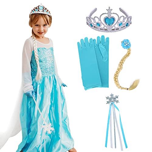 Butterfly Craze Children’s Snow Princess Costume Dress – Ice Queen Dress Up, Includes Gloves, Tiara, Blonde Braid & a Snowflake Wand, Perfect for Pretend Play, Dress-up & Birthday Parties, XS 2yrs