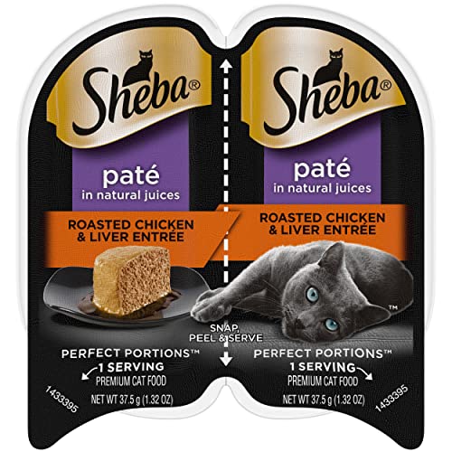 SHEBA Perfect Portions Paté Wet Cat Food Trays (24 Count, 48 Servings), Roasted Chicken and Liver Entrée, Easy Peel Twin-Pack Trays