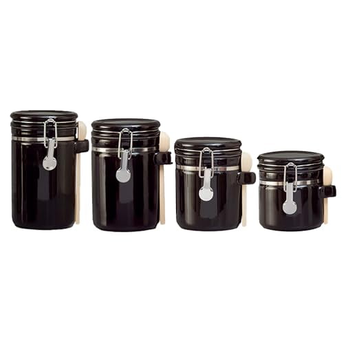 Canister Sets For The Kitchen (4 Piece Set) Black, High Gloss Ceramic By Home Basics Decorative Kitchen Set With Wooden Spoons, Countertop Set For Flour, Sugar, Coffee, and Snacks