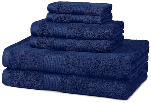 Amazon Basics Highly Absorbent, Soft 6-Piece Fade Resistant 100zz Cotton Bath Towel, Hand and Washcloth Set - Navy Blue, 14.25" L x 10.85" W