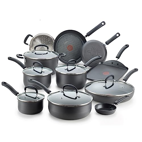 T-fal Ultimate Hard Anodized Nonstick Cookware Set 17 Piece, Oven Broiler Safe 400F, Lid Safe 350F, Kitchen Cooking Set w_ Fry Pans, Saucepans, Saute Pan, Griddle, Pots and Pans, Dishwasher Safe Black