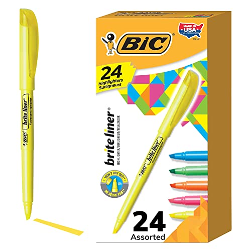 BIC Brite Liner Highlighters, Chisel Tip, 24-Count Pack of Highlighters Assorted Colors, Ideal Highlighter Set for Organizing and Coloring