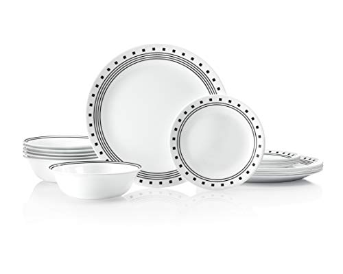 Corelle Vitrelle 18-Piece Service for 6 Dinnerware Set, Triple Layer Glass and Chip Resistant, Lightweight Round Plates and Bowls Set, City Block