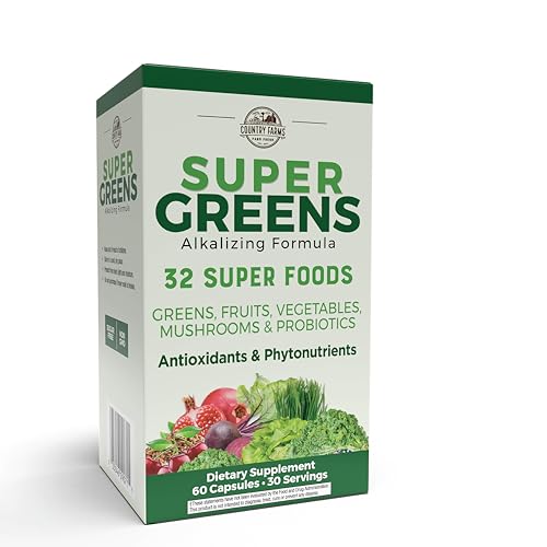 COUNTRY FARMS Super Greens Vegicaps, 32 Super Foods, Whole Food Supplement, Greens, Fruit, Vegetables, Mushrooms & Probiotics, Rich in Antioxidants & Phytonutrients, 60 Count, 30 Servings