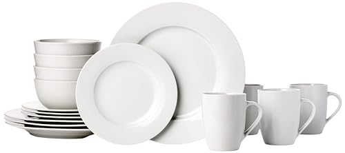 Amazon Basics 16-Piece Porcelain Kitchen Dinnerware Set with Plates, Bowls and Mugs, Service for 4 - White