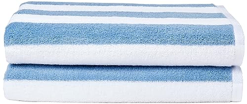 Amazon Basics Sky Blue Cabana Stripe Beach & Pool Towel, 100zz Cotton, Soft & Absorbant, 2 Pack, 30" x 60"