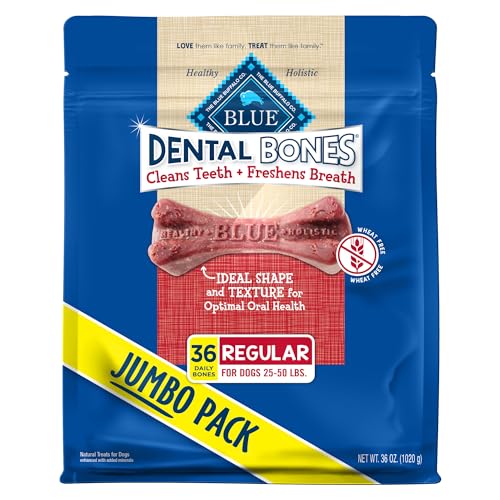 Blue Buffalo Dental Bones Regular Natural Dental Chew Dog Treats, (25-50 lbs) 36-oz Bag Jumbo Pack