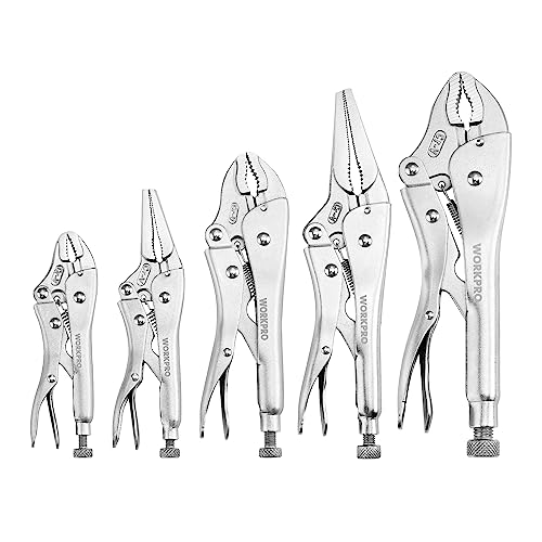 WORKPRO 5-Piece Locking Pliers Set, Pliers Tool Set, Vice Grips with Chrome-vanadium Steel, 5_7_10 inch Curved Jaw Pliers, 6.5_9 inch Long Nose Pliers