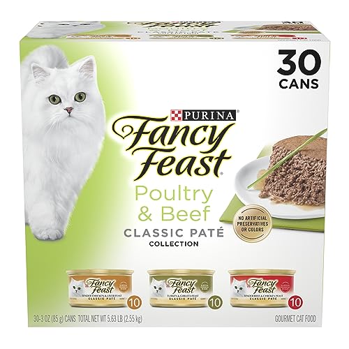 Fancy Feast Poultry and Beef Feast Classic Pate Collection Grain Free Wet Cat Food Variety Pack - (Pack of 30) 3 oz. Cans