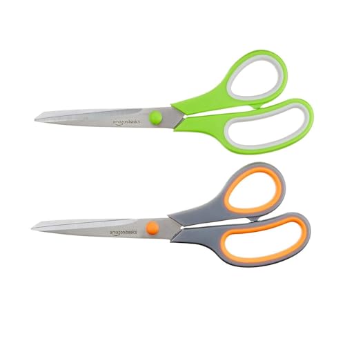 Amazon Basics Multipurpose, Comfort Grip, PVD Coated, Stainless Steel Office Scissors, 2-Pack, Green and Gray