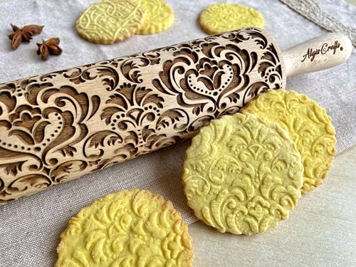 DAMASK embossing rolling pin. Wooden embossing rolling pin with flowers. Oriental flowers. Embossed cookies with flowers. Damask pattern. From Europe