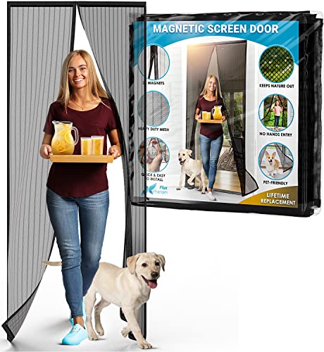 FLUX Magnetic Screen Door - Self-Closing, Pet-Friendly, Keeps Bugs Out, 26 Mighty Magnets - Fits Doors Up To 38"x82", Door Screen Magnetic Closure, Patio Screen Door Mesh Partition, Magnet Screen Door