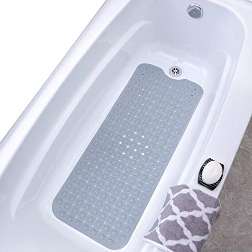 SlipX Solutions Power Grip Extra Long Bath Tub & Shower Mat 39x16, Wet Floor Non-Slip for Elderly & Kids Bathroom, 30zz Longer Bathtub Mats, 200 Suction Cups, Drain Holes (1, Gray)