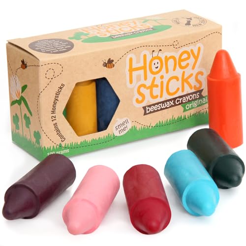 Honeysticks 100zz Pure Beeswax Crayons (12 Pack) - Non-Toxic Crayons, Safe for Babies and Toddlers, For 1 Year Plus, Handmade in New Zealand with Natural Beeswax and Food-Grade Colors, Eco-Friendly.