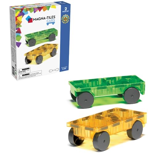 MAGNA-TILES Cars – Green & Yellow 2-Piece Magnetic Construction Set, The ORIGINAL Magnetic Building Brand