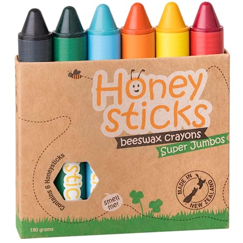 Honeysticks Jumbo Size Crayons For Toddlers and Kids - 100zz Pure Beeswax, Easy To Hold and Use - Child Safe, Non Toxic Crayons - Food grade Coloring - 6 Vibrant Colors - Handmade - 6 Pack