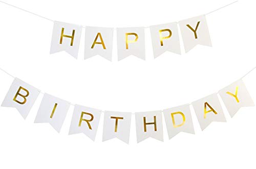 Happy Birthday Banner, birthday decorations Versatile, Beautiful, Swallowtail Bunting Flag Garland, Chic White and Gold