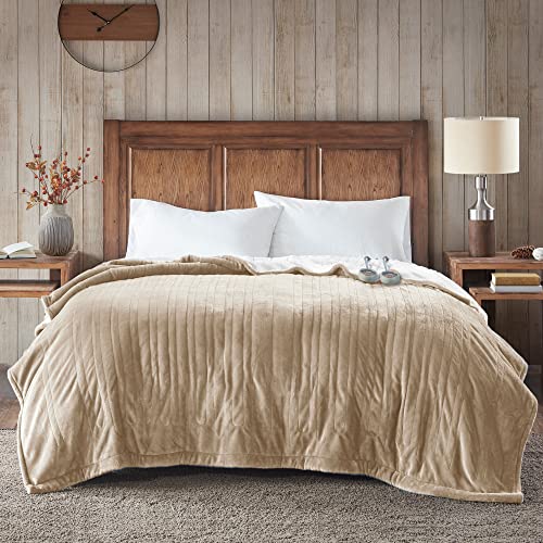 Woolrich Heated Plush to Berber Electric Blanket Throw Ultra Soft Knitted, Super Warm and Snuggly Cozy with Auto Shut Off and Multi Heat Level Setting Controllers, Twin: 62x84, Tan