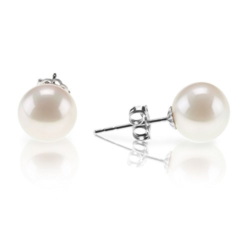 PAVOI 18K Gold Plated Sterling Silver Round Stud White Simulated Shell Pearl Earrings - 8mm