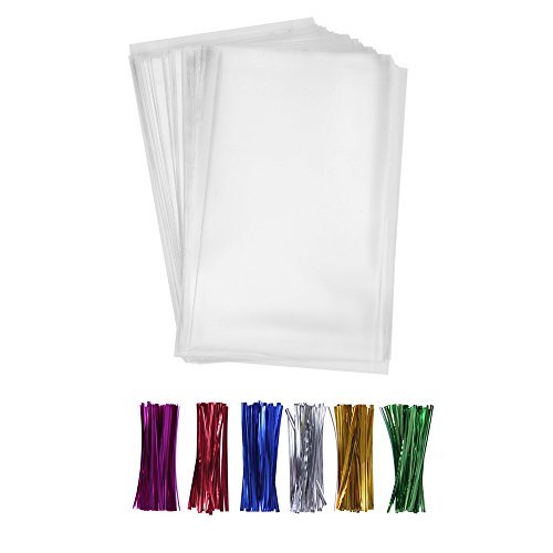 200 Clear Treat Bags 6x9 with 4" Twist Ties 6 Mix Colors - Thick OPP Plastic Cello Bags for Wedding Cookie Birthday Cake Pops Gift Candy Buffet Supplies (6