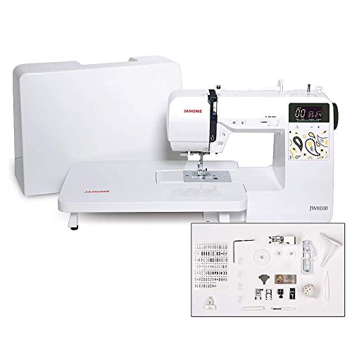 Janome JW8100 Fully-Featured Computerized Sewing Machine with 100 Stitches, 7 Buttonholes, Hard Cover, Extension Table and 22 Accessories