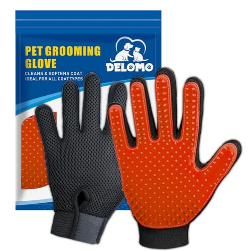 Upgrade Version Pet Grooming Glove - Gentle Deshedding Brush Glove - Efficient Pet Hair Remover Mitt - Enhanced Five Finger Design - Perfect for Dog & Cat with Long & Short Fur - 1 Pair