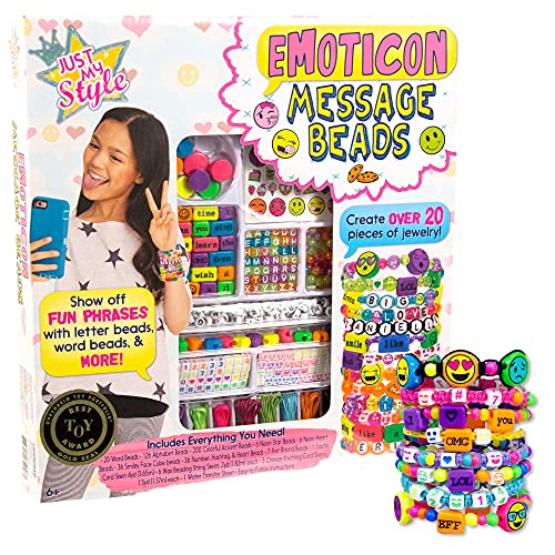 Just My Style Emoticon Message Beads, DIY 20+ Custom Accessories Using Symbols Alphabet Letters & Emojis, Great for Sleepover & Girls Night, Perfect Weekend Activity For Kids Ages 6, 7, 8, 9