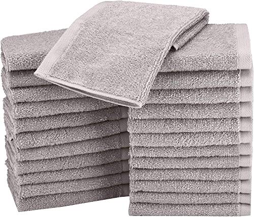 Amazon Basics face Towels for bathroom, 100zz Cotton Extra Absorbent washcloth, Fast Drying salon towel - 24 Pack Gray (12 x 12 inches)