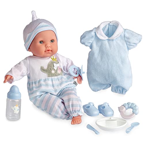 15" Realistic Soft Body Baby Doll with Open_Close Eyes | JC Toys - Berenguer Boutique | 10 Piece Gift Set with Bottle, Rattle, Pacifier & Accessories | Blue | Ages 2+