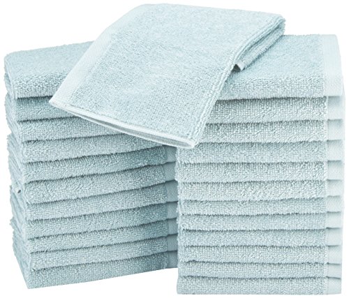 Amazon Basics face Towels for bathroom, 100zz Cotton Extra Absorbent washcloth, Fast Drying - salon towel - 24 Pack Ice Blue (12 x 12 inches)