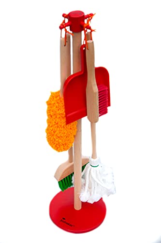 JustForKids Wooden Detachable Kids Cleaning Set - Duster, Brush, Mop, Broom and Hanging Stand Play - Housekeeping Kit - STEM Toys for Toddlers Girls & Boys, Total 6 Pieces,Multi Color,10071