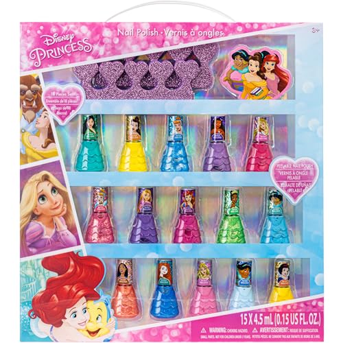 Townley Girl Disney Princess Non-Toxic Peel-Off Water-Based Natural Safe Quick Dry Nail Polish| Gift Kit Set for Kids Girls| Glittery and Opaque Colors| Ages 3+ (18 Pcs)