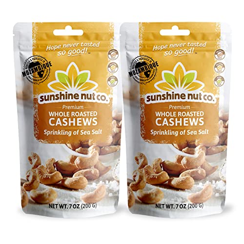 Whole Roasted Lightly Salted Cashews by Sunshine Nuts Co., Gluten Free, Peanut Free and Vegan Individual Snack Packs for Kids and Adults, GMO Free, Sprinkling of Salt Flavor, 2 Pack, 7 oz. Each