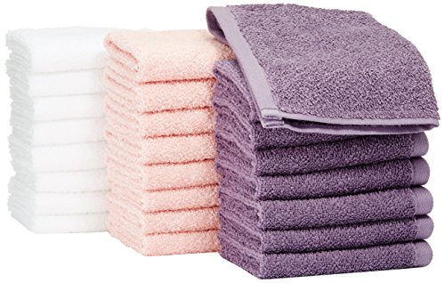 Amazon Basics face Towels, towels for bathroom, 100zz Cotton Extra Absorbent , Fast Drying - salon towels - 24 Pack Lavender White (12 x 12 inches)