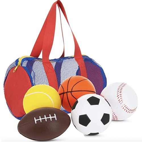 Neliblu Foam Sports Toys with Bag, Set of 5 – Includes Soccer Ball, Basketball, Football, Baseball and Tennis Ball - Suitable for Baby