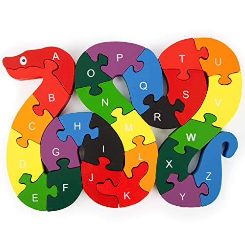 LOVESTOWN Alphabet Jigsaw Puzzle, Building Blocks Animal Wooden Puzzle, Wooden Snake Letters Numbers Block Toys for Kids Birthday Gifts