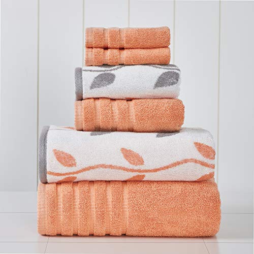 Amrapur Overseas 6-Piece Yarn Dyed Organic Vines Jacquard_Solid Ultra Soft 500GSM 100zz Combed Cotton Towel Set [Coral]