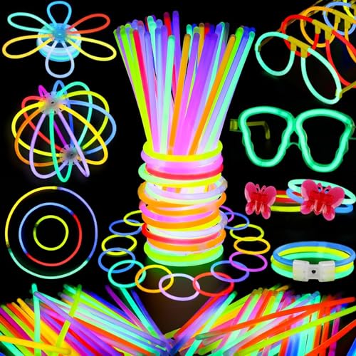 BUDI 467Pcs Glow Sticks Party Favors for Kids Adults 200 GlowStick Bulk 8 Colors 8 Inch & 267 Connectors for Glow Necklace Bracelets Glasses and More Glow in the Dark Party Favors Light Up Toys