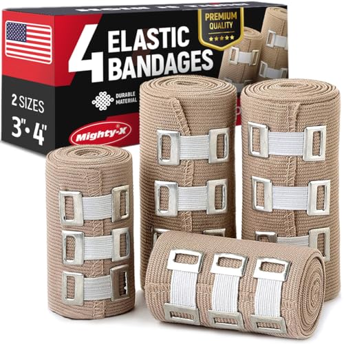 Premium Elastic Bandage Wrap – 4pk (2x3", 2x4") + 12 Extra Clips – Strong Compression Bandage Wrap - Wrist, Ankle, Foot, Knee Wrap